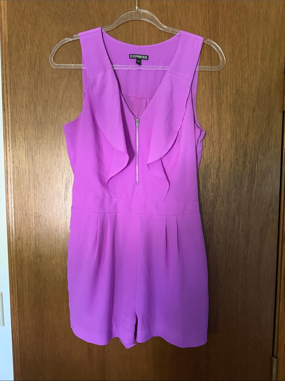 Express Sleeveless Ruffle-Front Romper in Purple